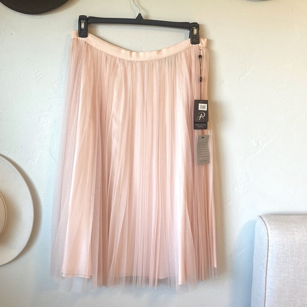 Adrianna Papell Pleated Tulle Midi Skirt Pink NWT - Size 14